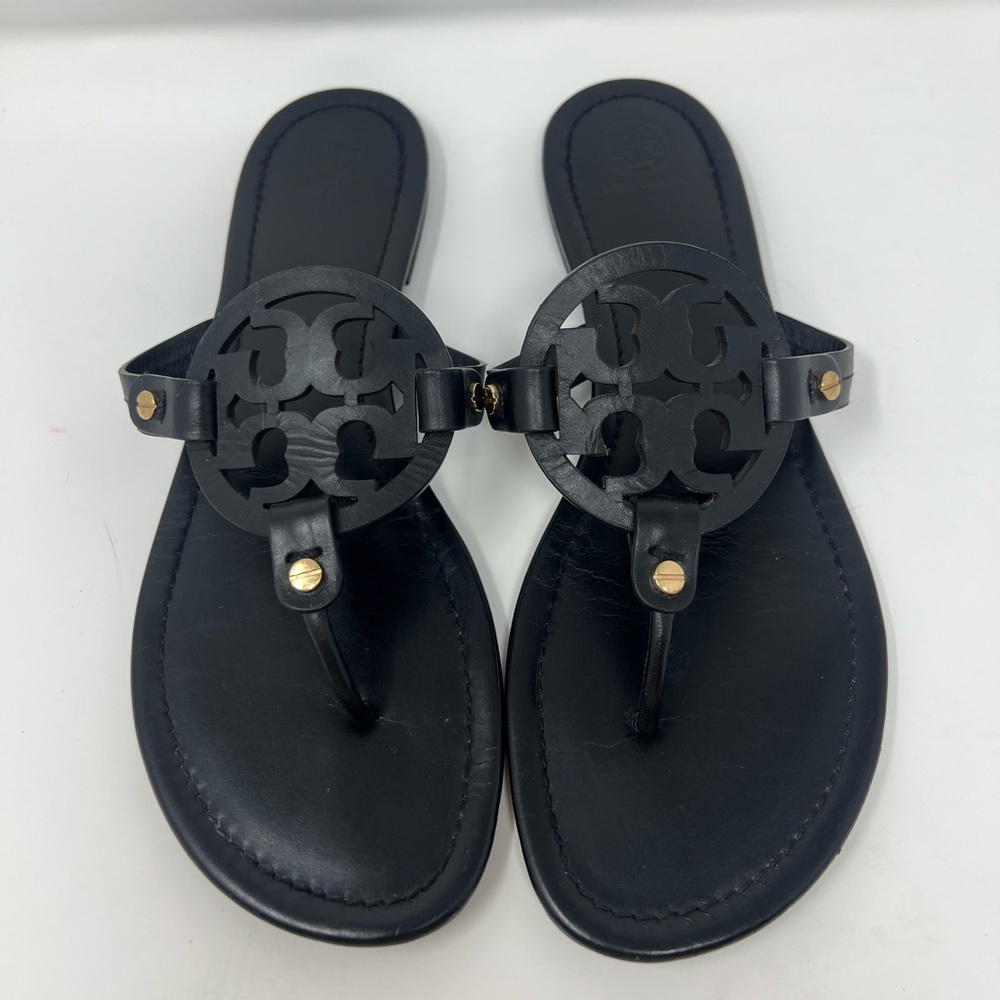 TORY BURCH MILLER BLACK LEATHER CLASSIC DESIGNER LOGO SANDALS - SIZE 10M
